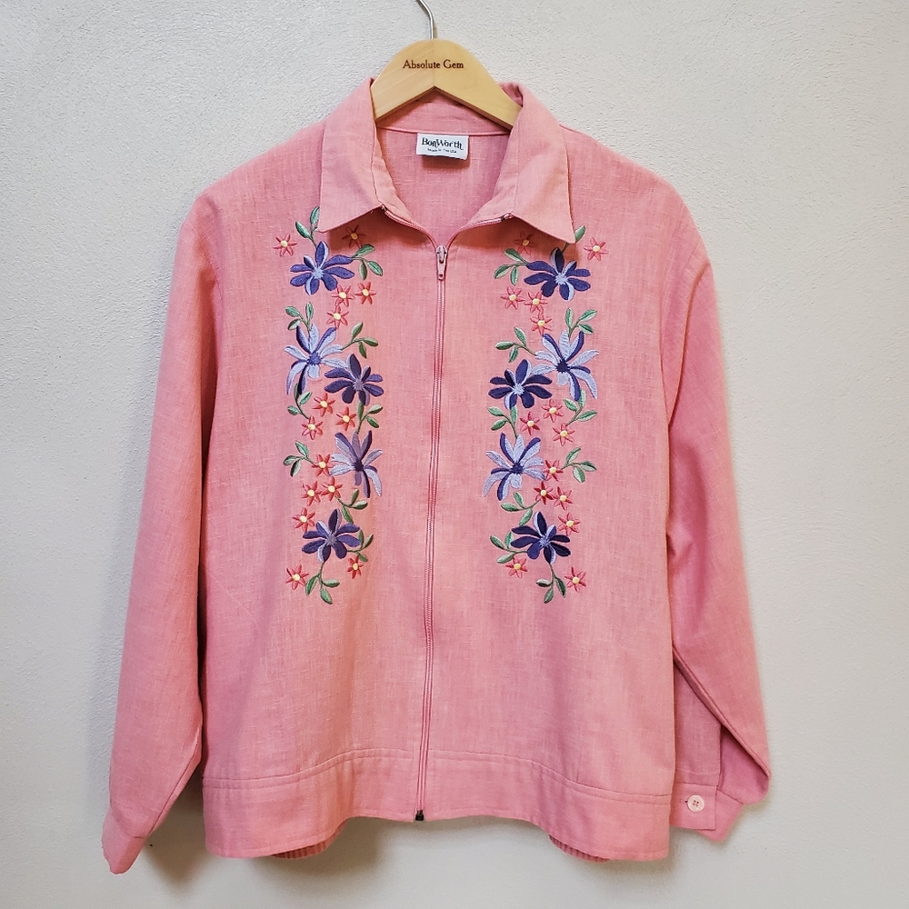 Vintage Bonworth pink floral embroidered front zip jacket spring cottagecore LP
